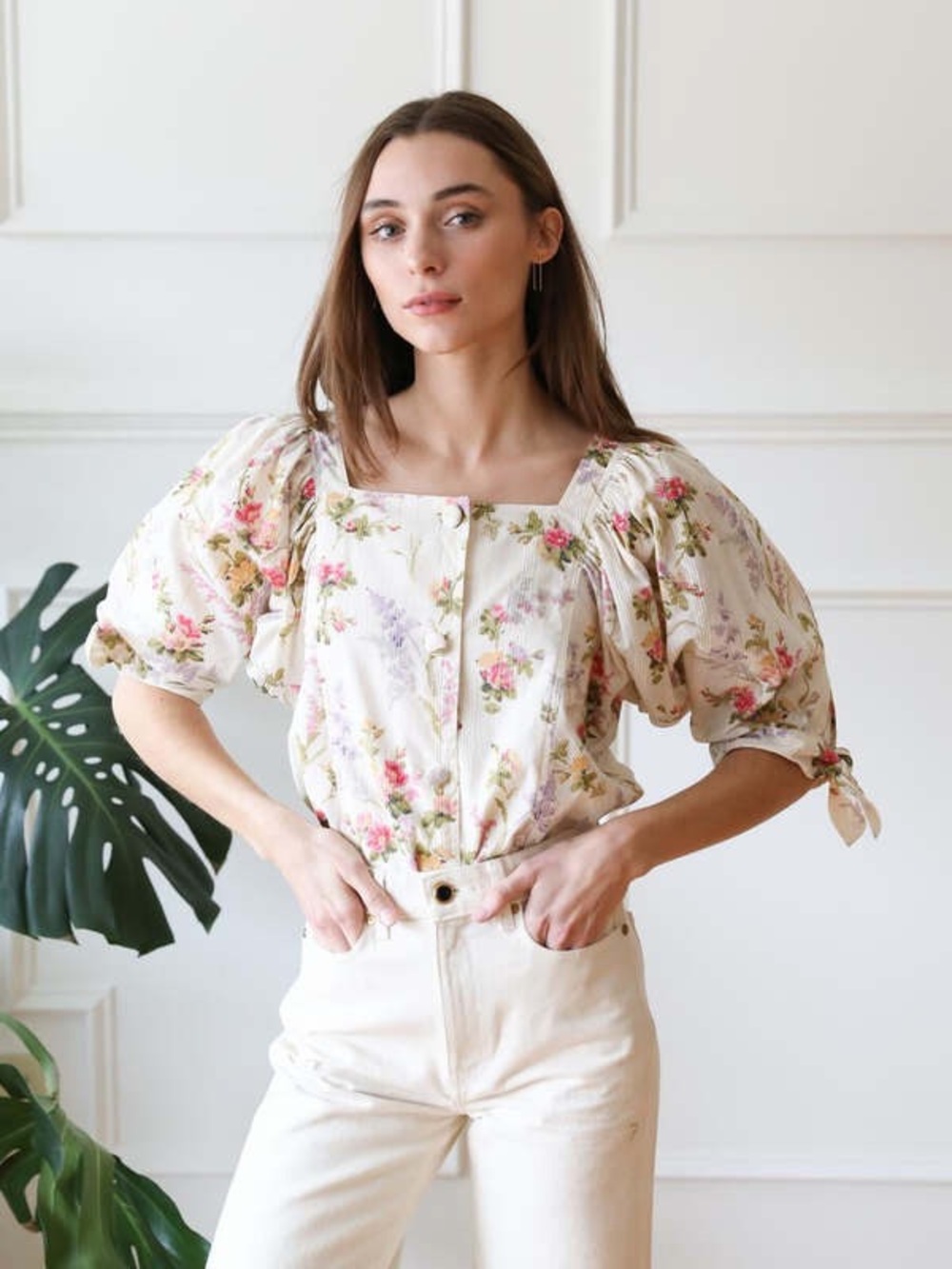 Mille Evelyn Floral Batwing Blouse Square Neck boho cottage Small